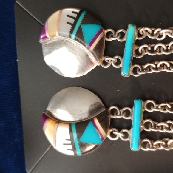 Native American Zuni Multi-stone Inlay Sterling Silver Dangle Stud Earrings - Picture 17 of 17